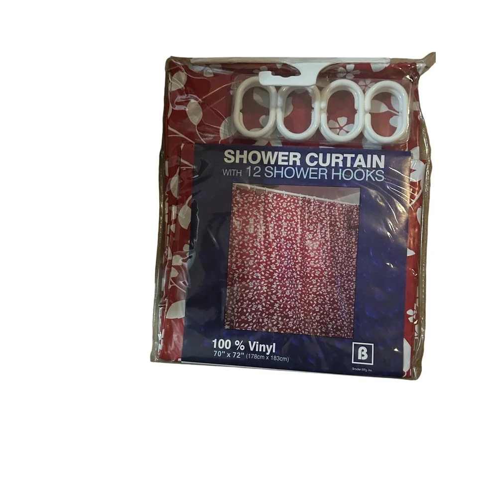 Broder Mfg Red White Floral Vinyl Shower Curtain Set with 12‎ Hooks 70x72 New